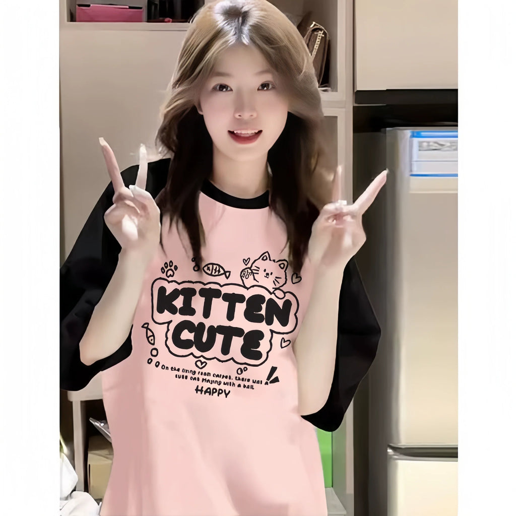 Color-Block Raglan Kitten Cute Cotton Tee - kawaii-inspired outfit in pastel colors - 85099861