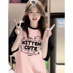 Color-Block Raglan Kitten Cute Cotton Tee - kawaii-inspired outfit in pastel colors - 85099861