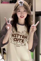 Color-Block Raglan Kitten Cute Cotton Tee - kawaii-inspired outfit in pastel colors - 50454904
