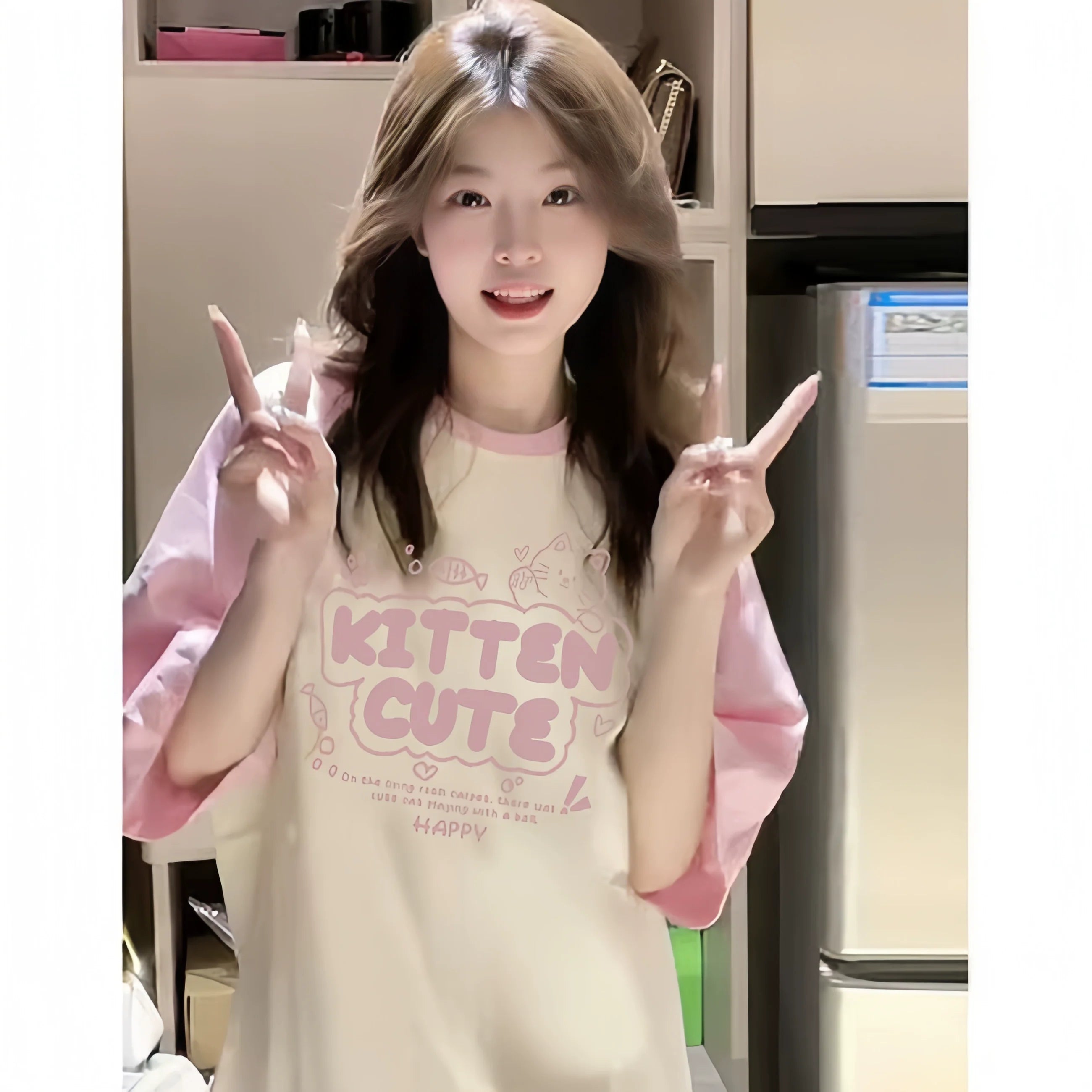 Color-Block Raglan Kitten Cute Cotton Tee - kawaii-inspired outfit in pastel colors - 47277764