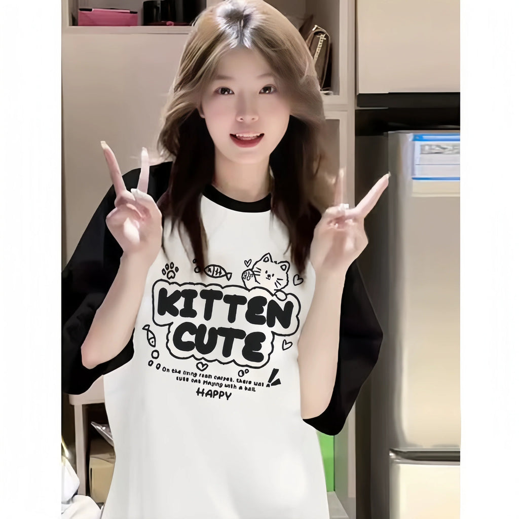 Color-Block Raglan Kitten Cute Cotton Tee - kawaii-inspired outfit in pastel colors - 91426631