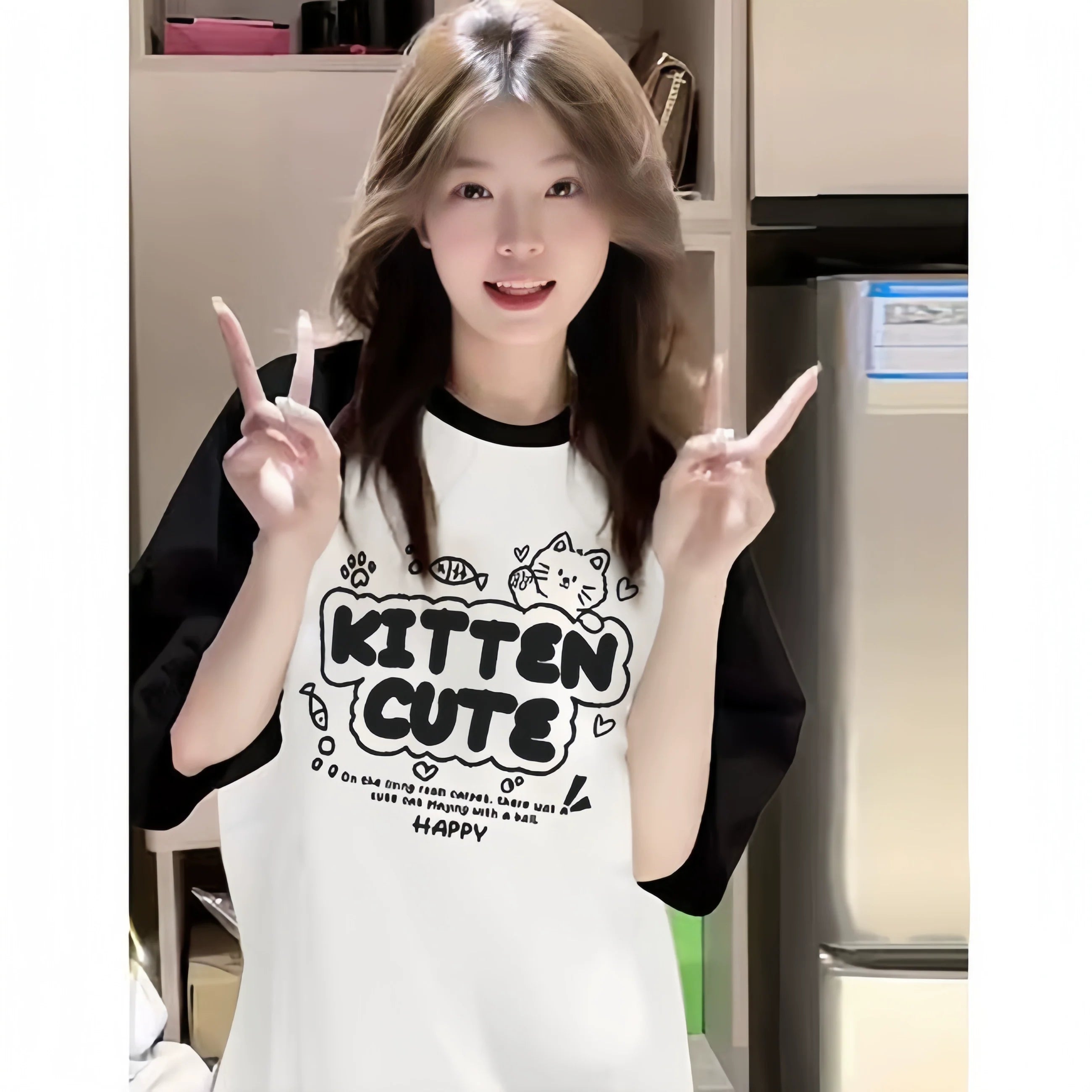 Color-Block Raglan Kitten Cute Cotton Tee - kawaii-inspired outfit in pastel colors - 91426631