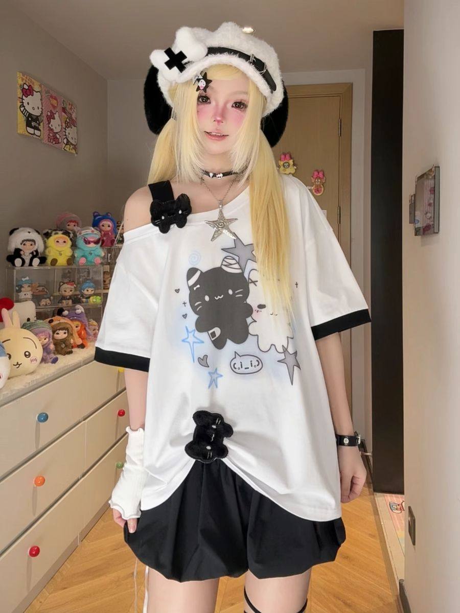Cute Slanted Shoulder Cotton T-Shirt - kawaii-inspired outfit in pastel colors - 52376469