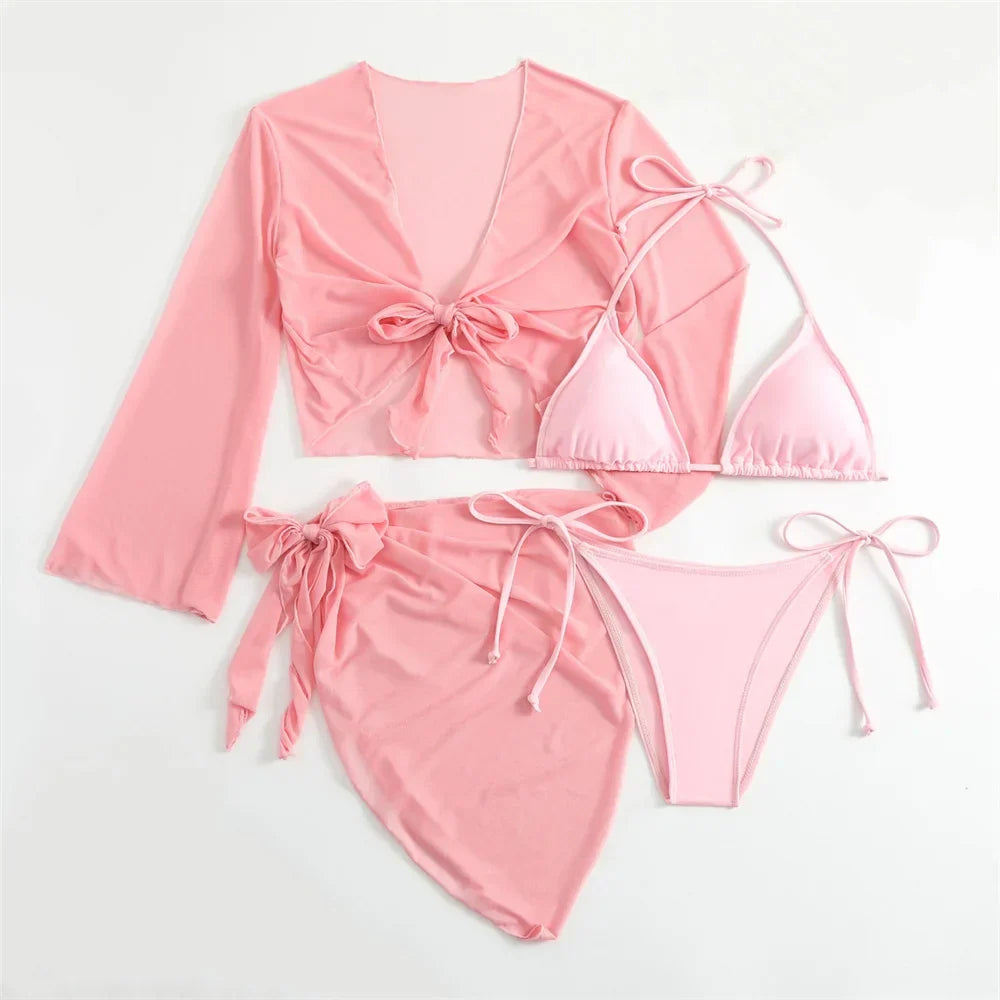 Cute Pink Bandage Swimsuit Cover-up Triangle Bikini Thong Halter Swimwear 4-Piece Trend Bikinis Beach Outfit Women
