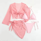 Cute Pink Bandage Swimsuit Cover-up Triangle Bikini Thong Halter Swimwear 4-Piece Trend Bikinis Beach Outfit Women