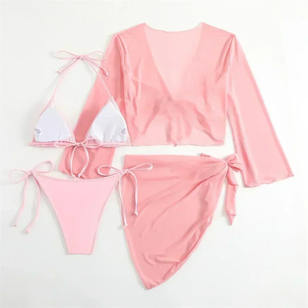 Cute Pink Bandage Swimsuit Cover-up Triangle Bikini Thong Halter Swimwear 4-Piece Trend Bikinis Beach Outfit Women