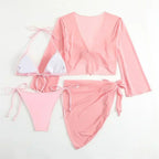Cute Pink Bandage Swimsuit Cover-up Triangle Bikini Thong Halter Swimwear 4-Piece Trend Bikinis Beach Outfit Women
