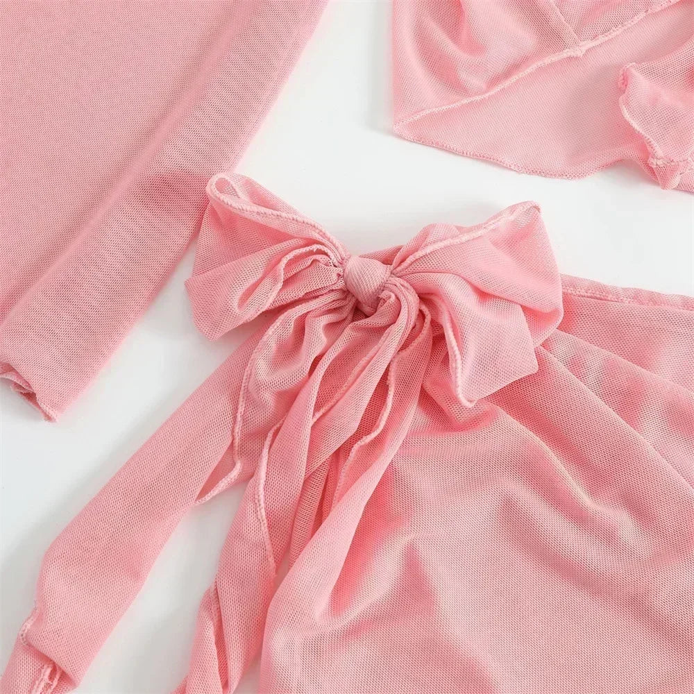 Cute Pink Bandage Swimsuit Cover-up Triangle Bikini Thong Halter Swimwear 4-Piece Trend Bikinis Beach Outfit Women