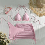 Cute Pink Bandage Swimsuit Cover-up Triangle Bikini Thong Halter Swimwear 4-Piece Trend Bikinis Beach Outfit Women