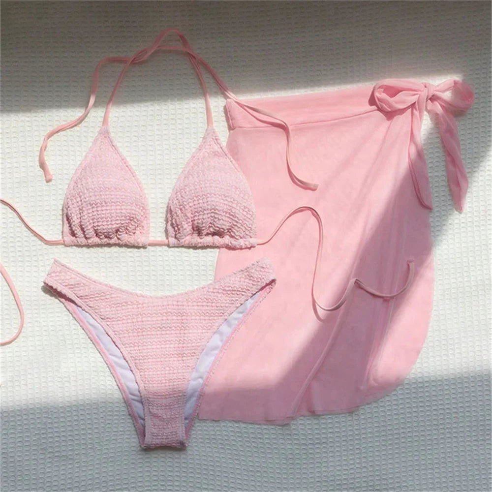 Cute Pink Bandage Swimsuit Cover-up Triangle Bikini Thong Halter Swimwear 4-Piece Trend Bikinis Beach Outfit Women