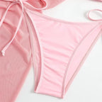 Cute Pink Bandage Swimsuit Cover-up Triangle Bikini Thong Halter Swimwear 4-Piece Trend Bikinis Beach Outfit Women