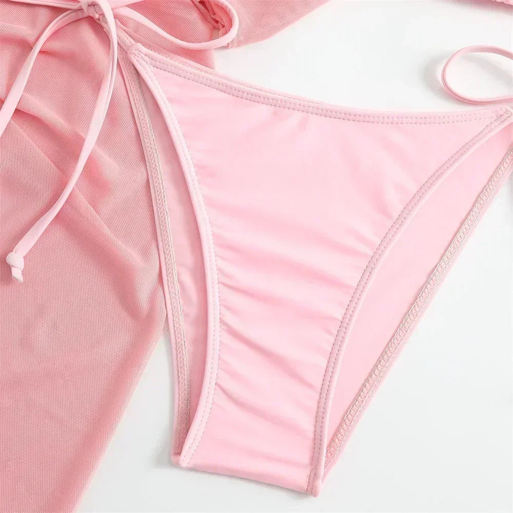 Cute Pink Bandage Swimsuit Cover-up Triangle Bikini Thong Halter Swimwear 4-Piece Trend Bikinis Beach Outfit Women