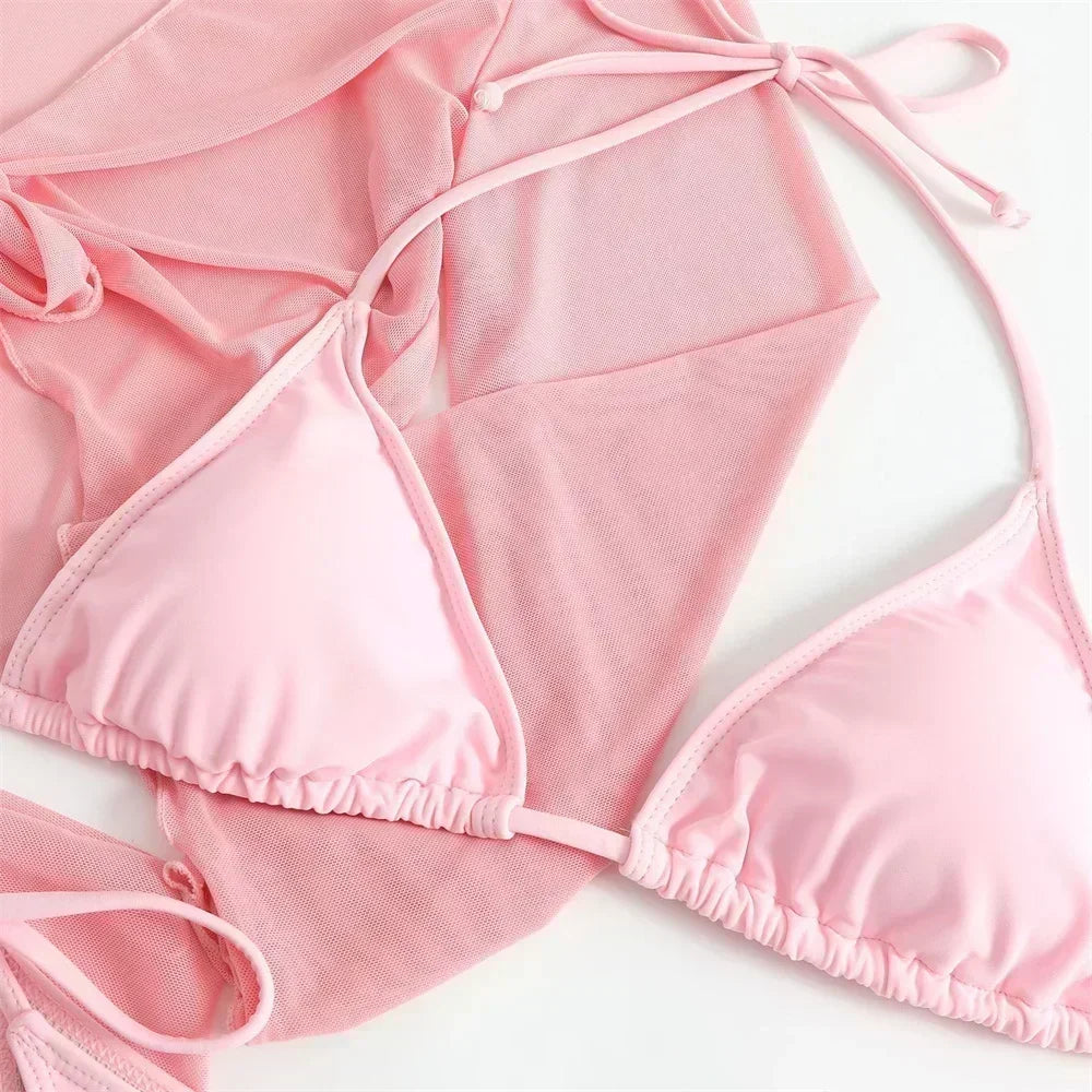 Cute Pink Bandage Swimsuit Cover-up Triangle Bikini Thong Halter Swimwear 4-Piece Trend Bikinis Beach Outfit Women