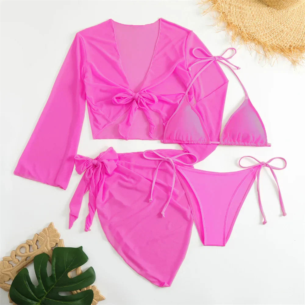 Cute Pink Bandage Swimsuit Cover-up Triangle Bikini Thong Halter Swimwear 4-Piece Trend Bikinis Beach Outfit Women