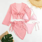 Cute Pink Bandage Swimsuit Cover-up Triangle Bikini Thong Halter Swimwear 4-Piece Trend Bikinis Beach Outfit Women