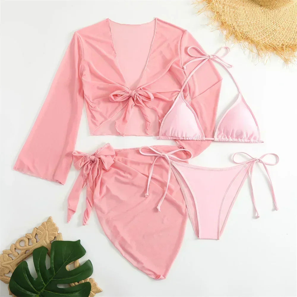 Cute Pink Bandage Swimsuit Cover-up Triangle Bikini Thong Halter Swimwear 4-Piece Trend Bikinis Beach Outfit Women