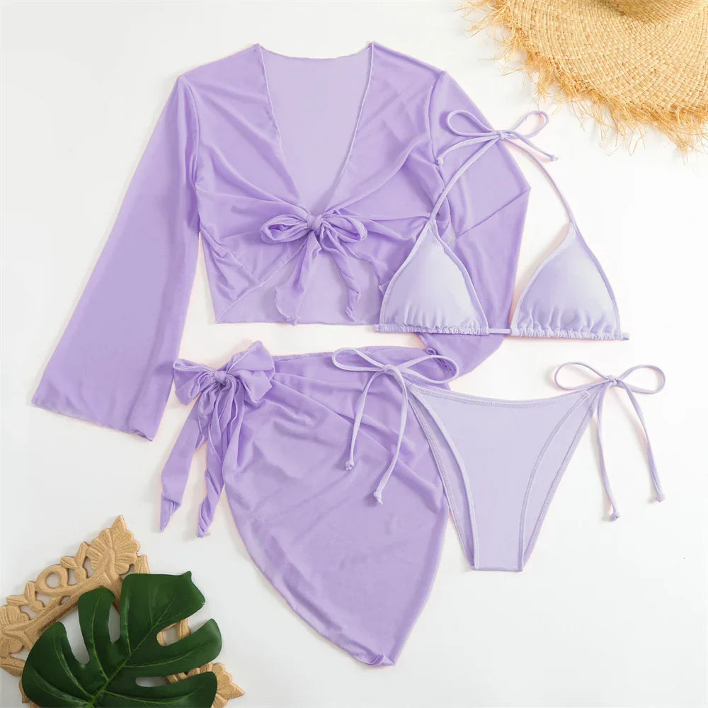 Cute Pink Bandage Swimsuit Cover-up Triangle Bikini Thong Halter Swimwear 4-Piece Trend Bikinis Beach Outfit Women