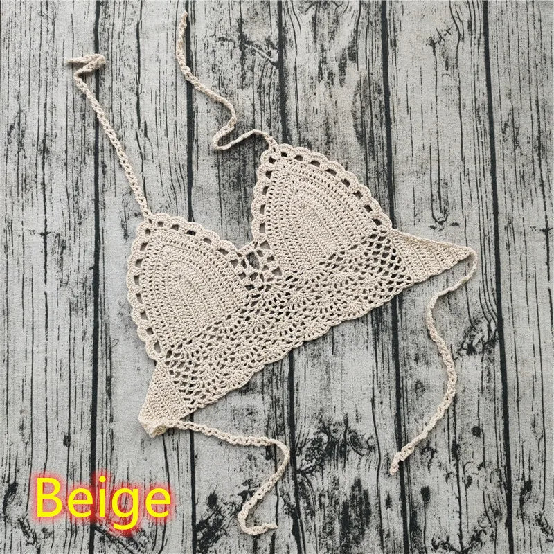 Handmade Crochet Lace Knit Bra Boho Beach Bikini Cami Tank Crop Top Halter - Beige / XL