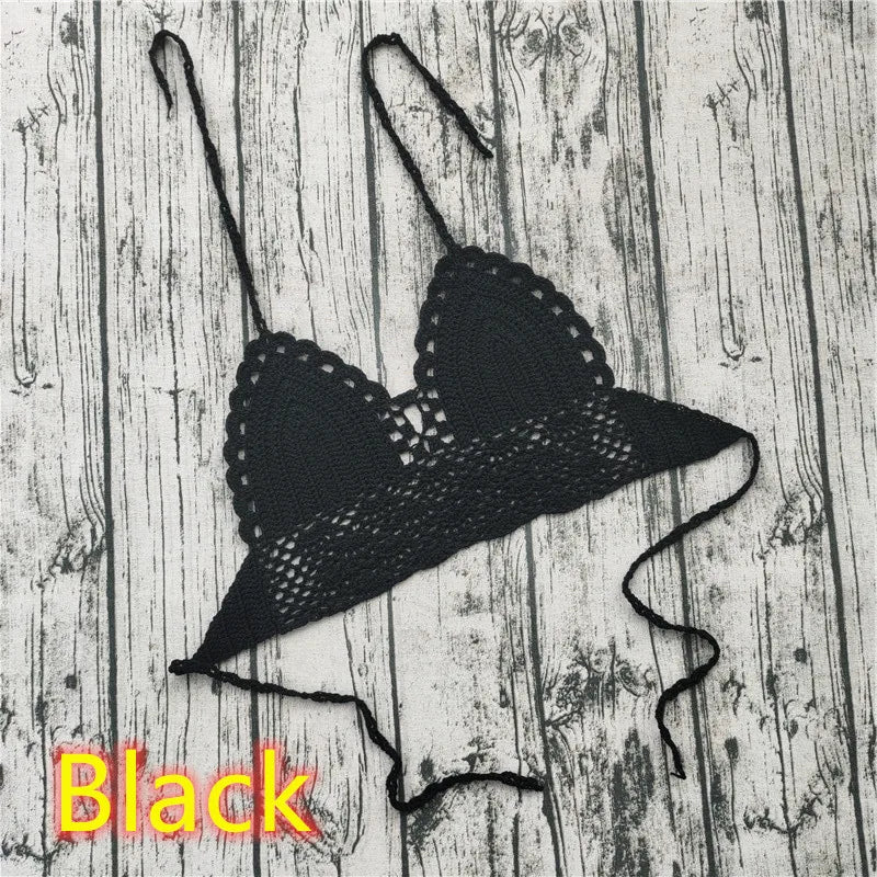 Handmade Crochet Lace Knit Bra Boho Beach Bikini Cami Tank Crop Top Halter - Black / L