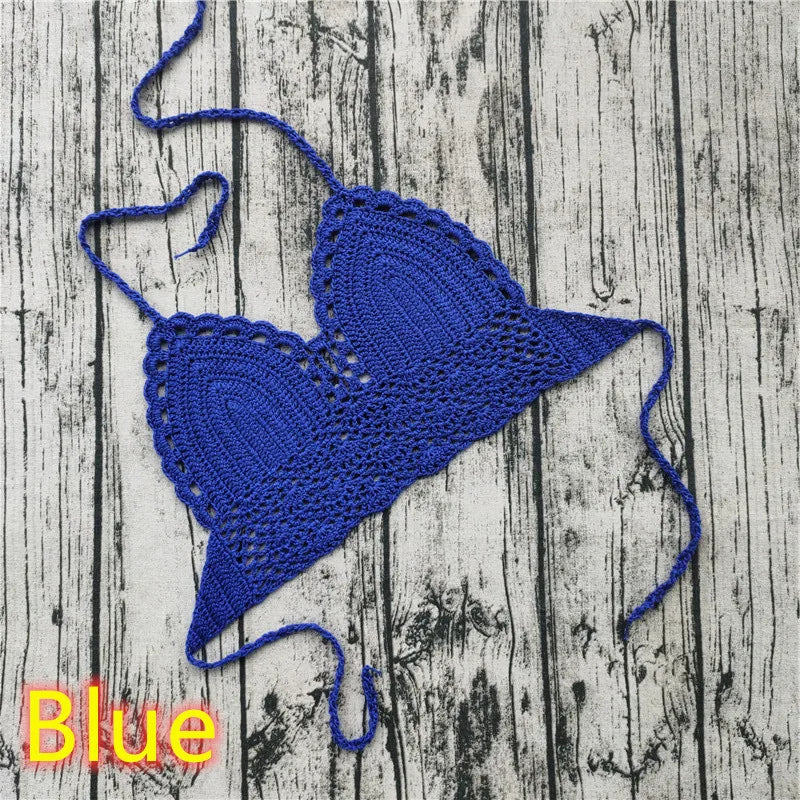 Handmade Crochet Lace Knit Bra Boho Beach Bikini Cami Tank Crop Top Halter - Blue / XS（old）