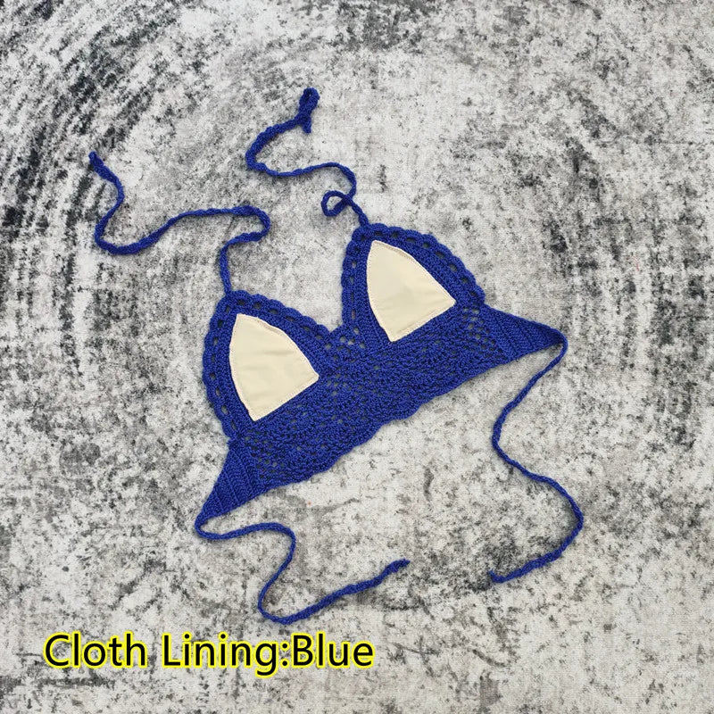 Handmade Crochet Lace Knit Bra Boho Beach Bikini Cami Tank Crop Top Halter - Cloth Lining Blue / M