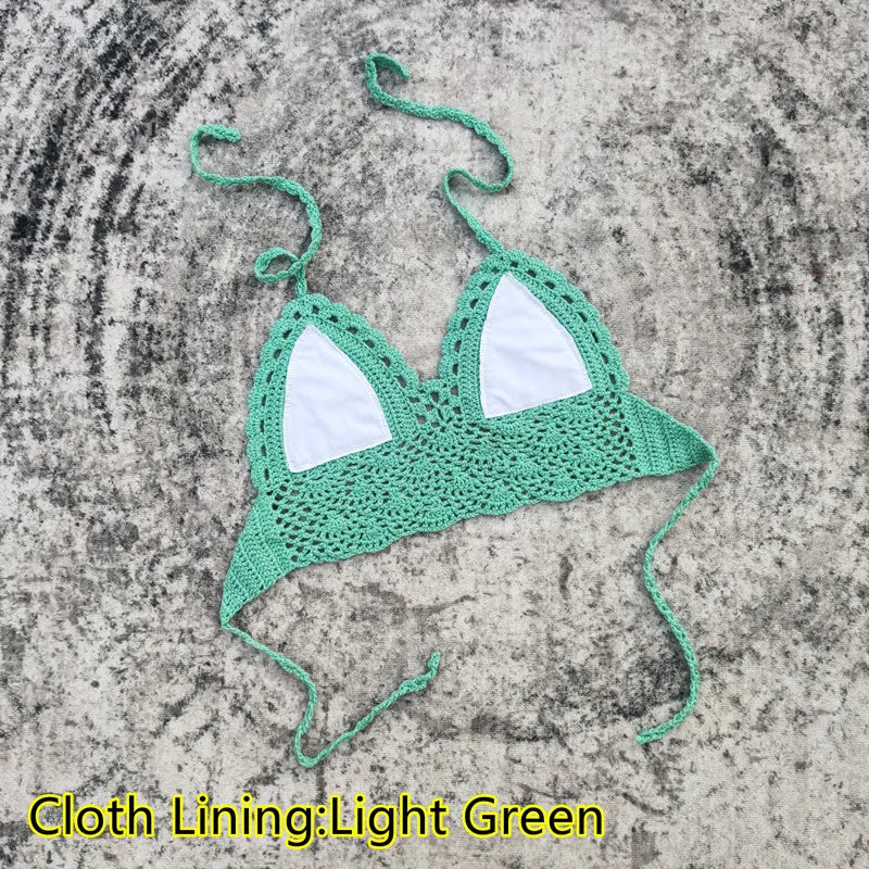 Handmade Crochet Lace Knit Bra Boho Beach Bikini Cami Tank Crop Top Halter - Cloth Lining Grey / XS（old）