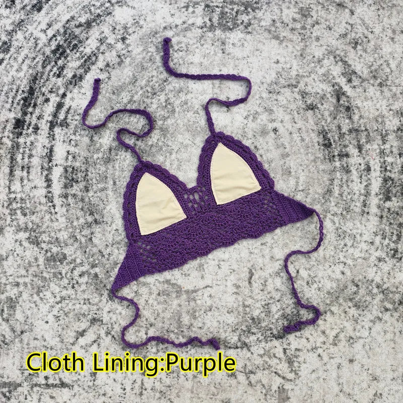 Handmade Crochet Lace Knit Bra Boho Beach Bikini Cami Tank Crop Top Halter - Cloth Lining Purple / L