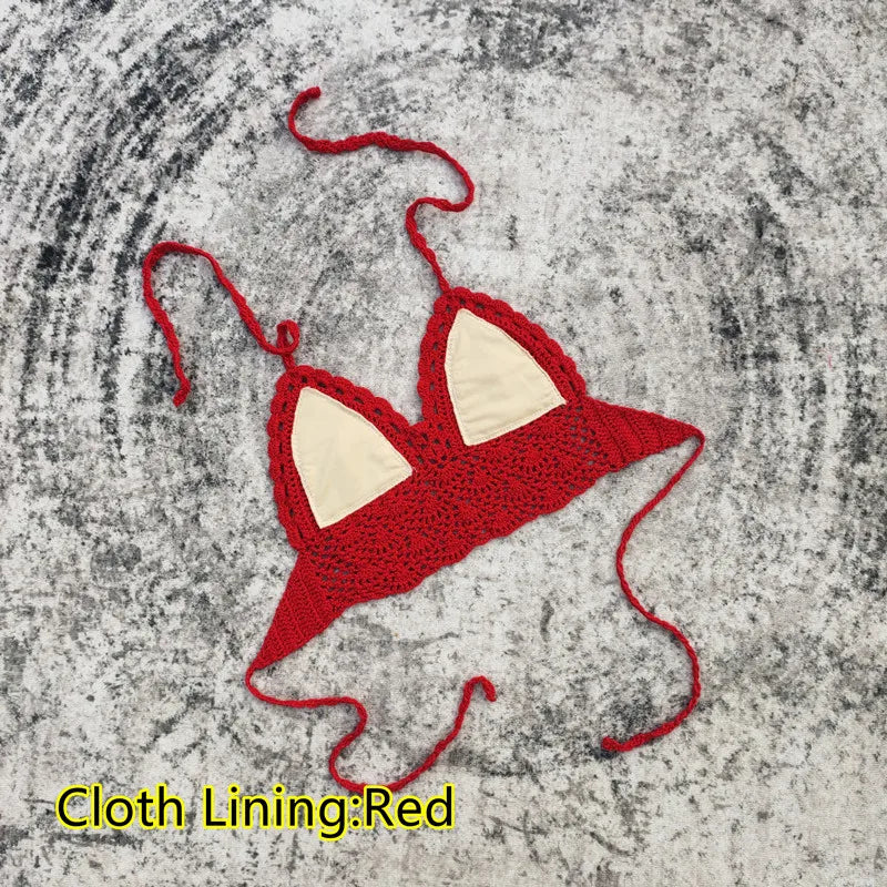 Handmade Crochet Lace Knit Bra Boho Beach Bikini Cami Tank Crop Top Halter - Cloth Lining Red / L
