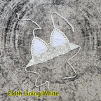 Handmade Crochet Lace Knit Bra Boho Beach Bikini Cami Tank Crop Top Halter - Cloth Lining White / L