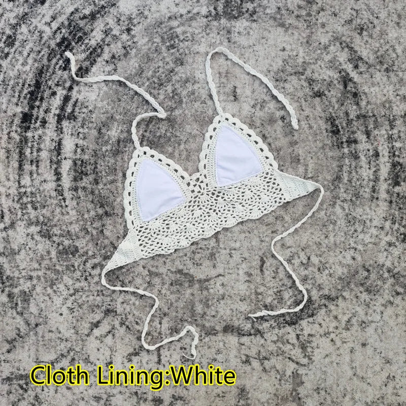 Handmade Crochet Lace Knit Bra Boho Beach Bikini Cami Tank Crop Top Halter - Cloth Lining White / L