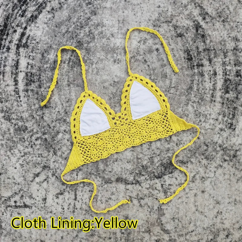 Handmade Crochet Lace Knit Bra Boho Beach Bikini Cami Tank Crop Top Halter - Cloth Lining Yellow / L