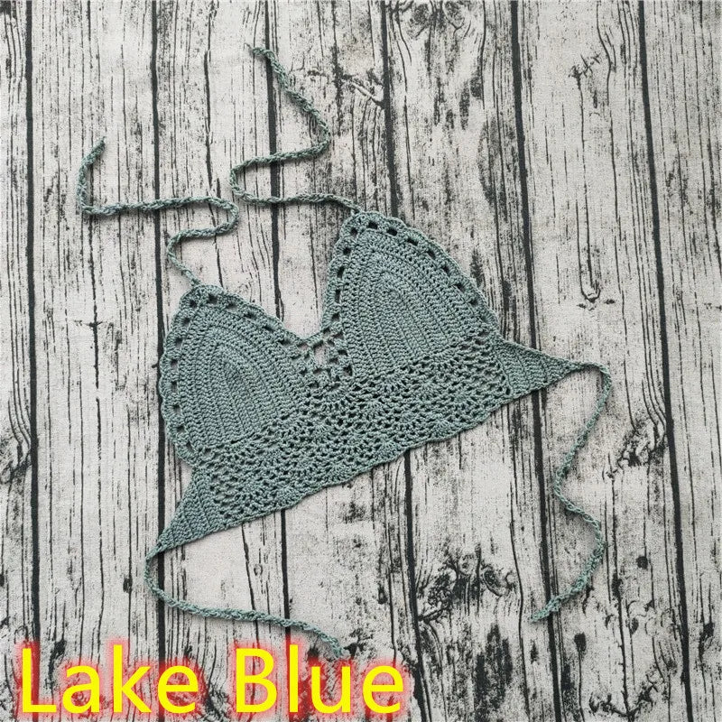 Handmade Crochet Lace Knit Bra Boho Beach Bikini Cami Tank Crop Top Halter - Light Blue / S