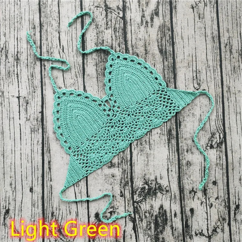 Handmade Crochet Lace Knit Bra Boho Beach Bikini Cami Tank Crop Top Halter - Light Green / XL