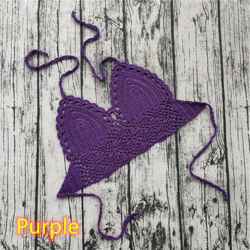 Handmade Crochet Lace Knit Bra Boho Beach Bikini Cami Tank Crop Top Halter - Purple / XL