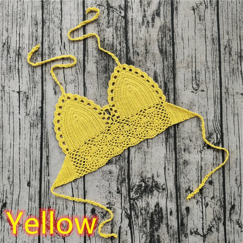 Handmade Crochet Lace Knit Bra Boho Beach Bikini Cami Tank Crop Top Halter - Yellow / XS（old）