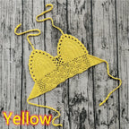 Handmade Crochet Lace Knit Bra Boho Beach Bikini Cami Tank Crop Top Halter - Yellow / XS（old）