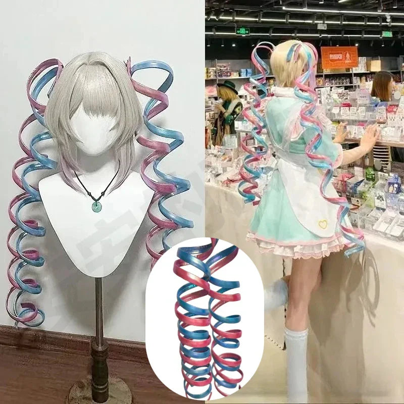 Handmade Ame Laser Double Ponytails Hairclip Anime KAngel Rain Cosplay Wig Shiny Ribbon Pink Blue Hair Halloween