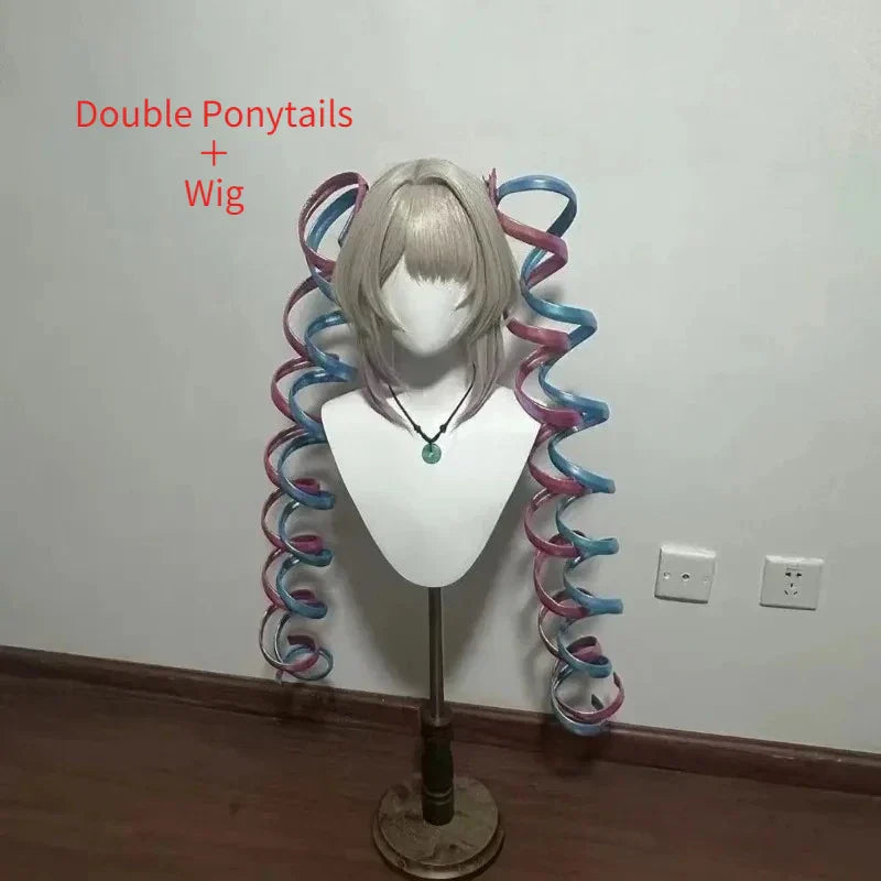 Handmade Ame Laser Double Ponytails Hairclip Anime KAngel Rain Cosplay Wig Shiny Ribbon Pink Blue Hair Halloween