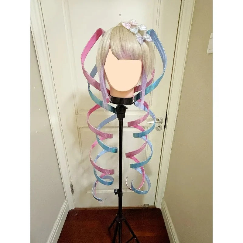 Handmade Ame Laser Double Ponytails Hairclip Anime KAngel Rain Cosplay Wig Shiny Ribbon Pink Blue Hair Halloween