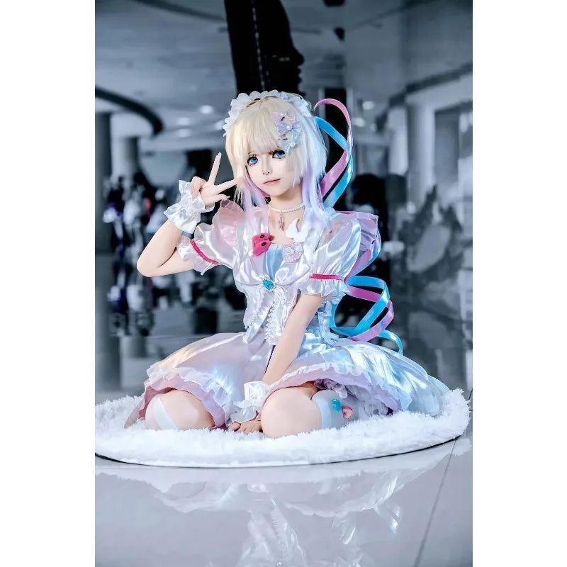 Handmade Ame Laser Double Ponytails Hairclip Anime KAngel Rain Cosplay Wig Shiny Ribbon Pink Blue Hair Halloween