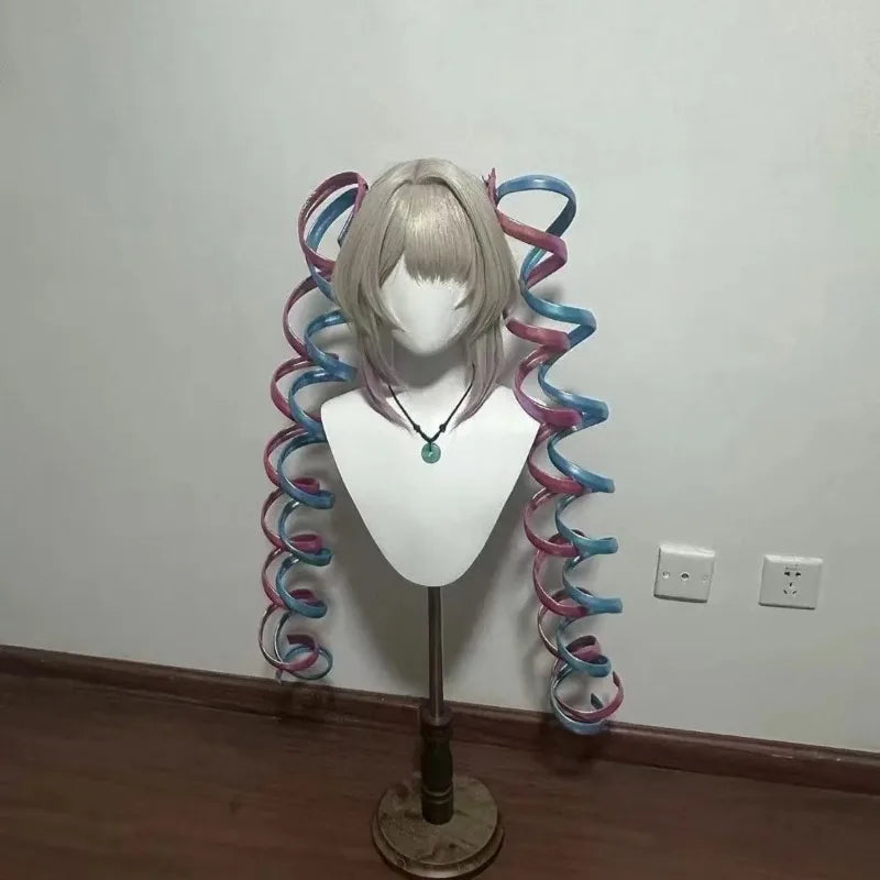 Handmade Ame Laser Double Ponytails Hairclip Anime KAngel Rain Cosplay Wig Shiny Ribbon Pink Blue Hair Halloween