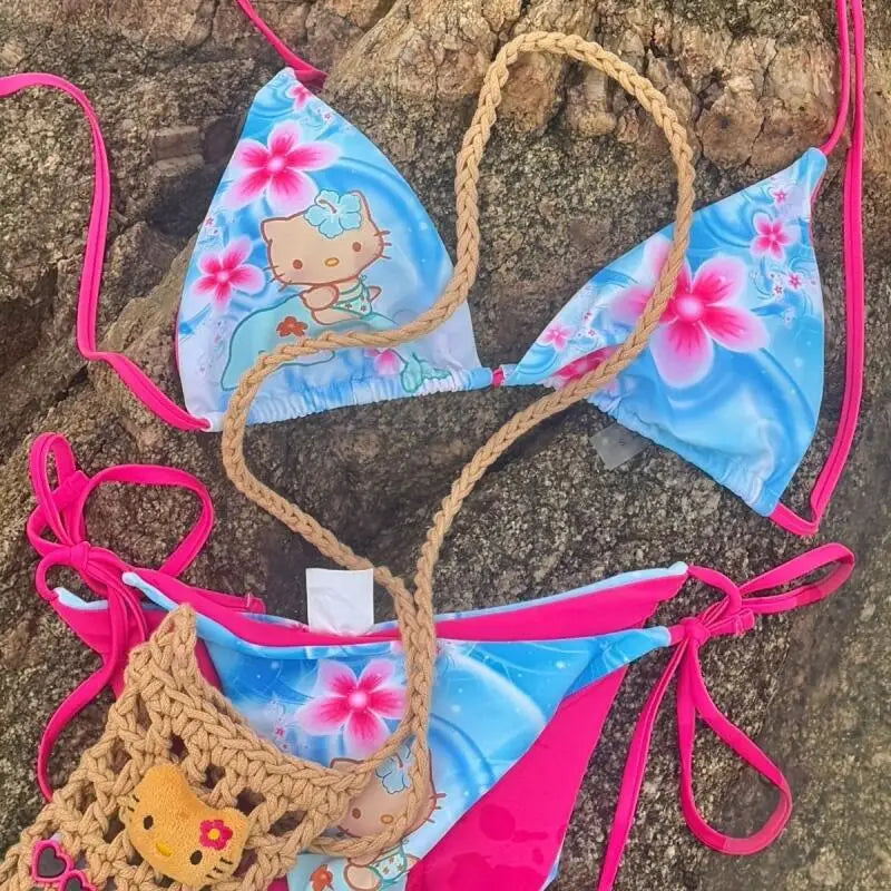 Japanese Hello Kittys Women Split Strap Bikini Summer Girls Seaside Fashion Swimsuit Sexy Triangle Swimwear Kawaii