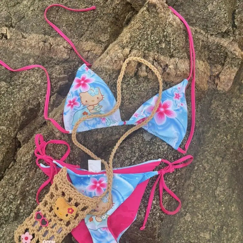 Japanese Hello Kittys Women Split Strap Bikini Summer Girls Seaside Fashion Swimsuit Sexy Triangle Swimwear Kawaii