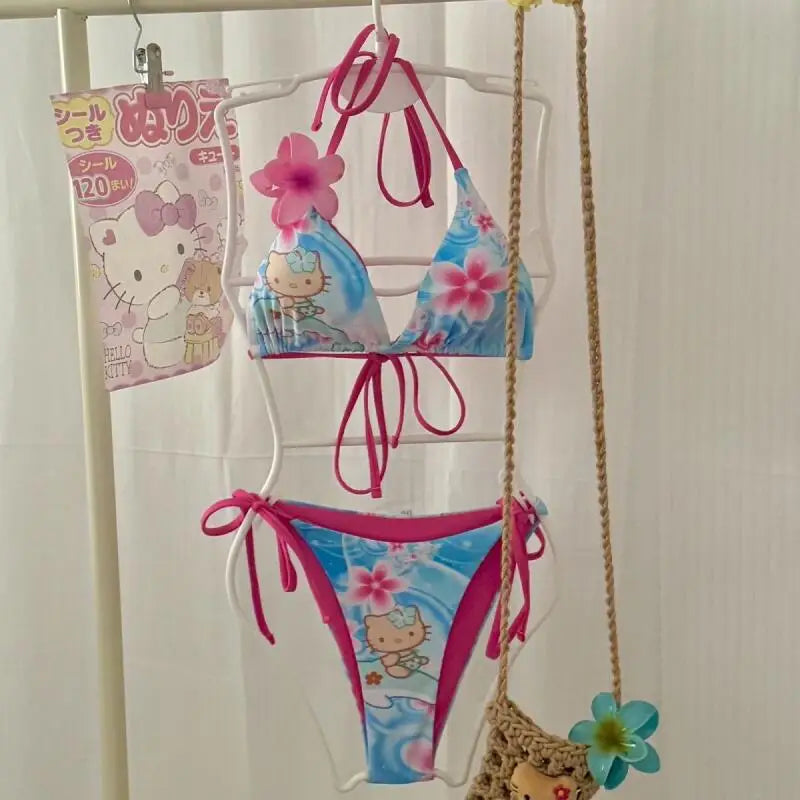 Japanese Hello Kittys Women Split Strap Bikini Summer Girls Seaside Fashion Swimsuit Sexy Triangle Swimwear Kawaii