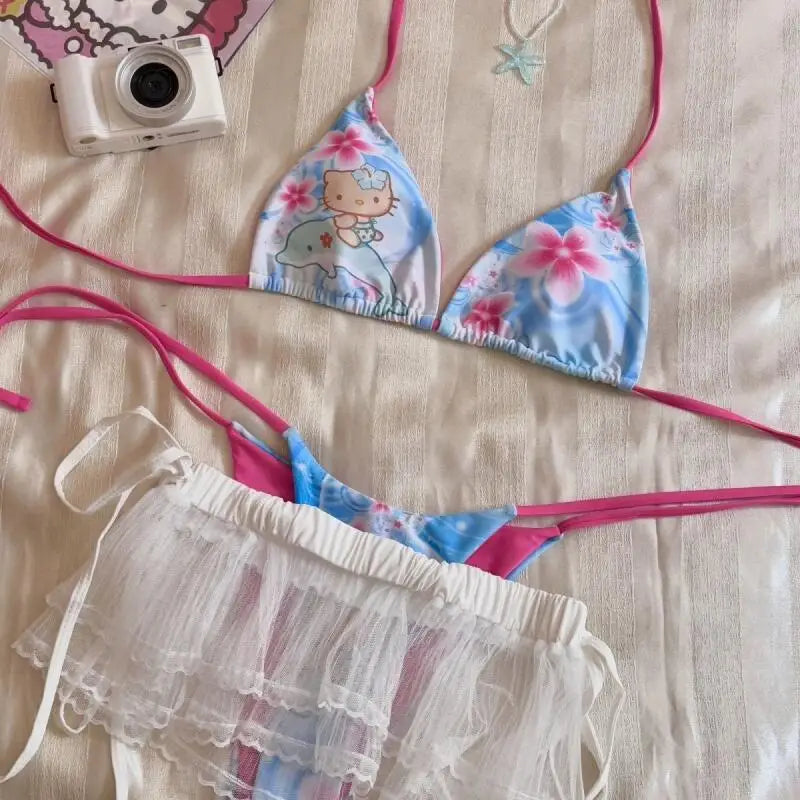 Japanese Hello Kittys Women Split Strap Bikini Summer Girls Seaside Fashion Swimsuit Sexy Triangle Swimwear Kawaii