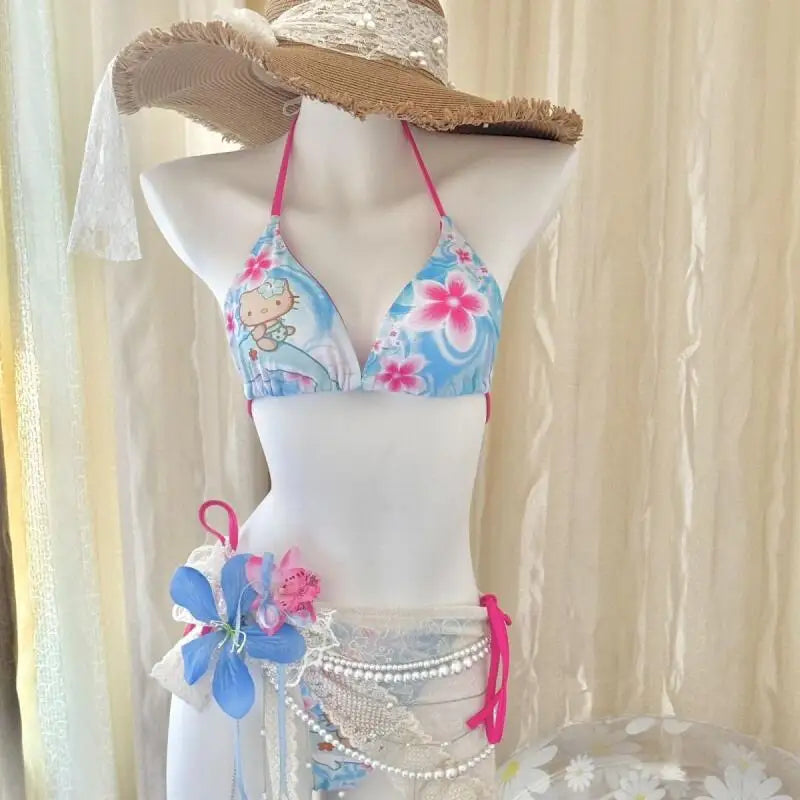 Japanese Hello Kittys Women Split Strap Bikini Summer Girls Seaside Fashion Swimsuit Sexy Triangle Swimwear Kawaii
