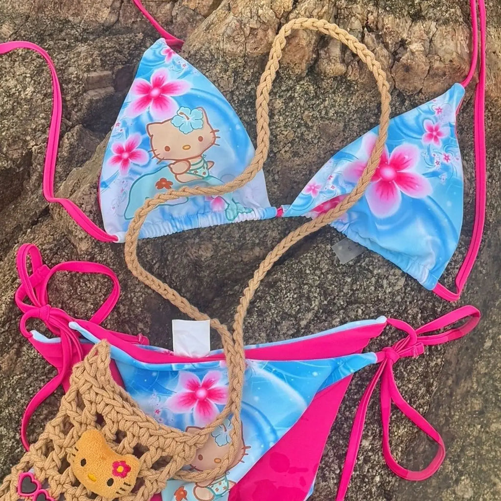 Japanese Hello Kittys Women Split Strap Bikini Summer Girls Seaside Fashion Swimsuit Sexy Triangle Swimwear Kawaii