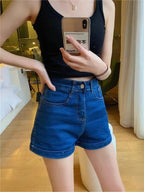 Internet Celebrity New Retro Stretch Curl Denim Shorts Women’s Summer High Waist Slim Look Tall Tight Hot Pants Trendy