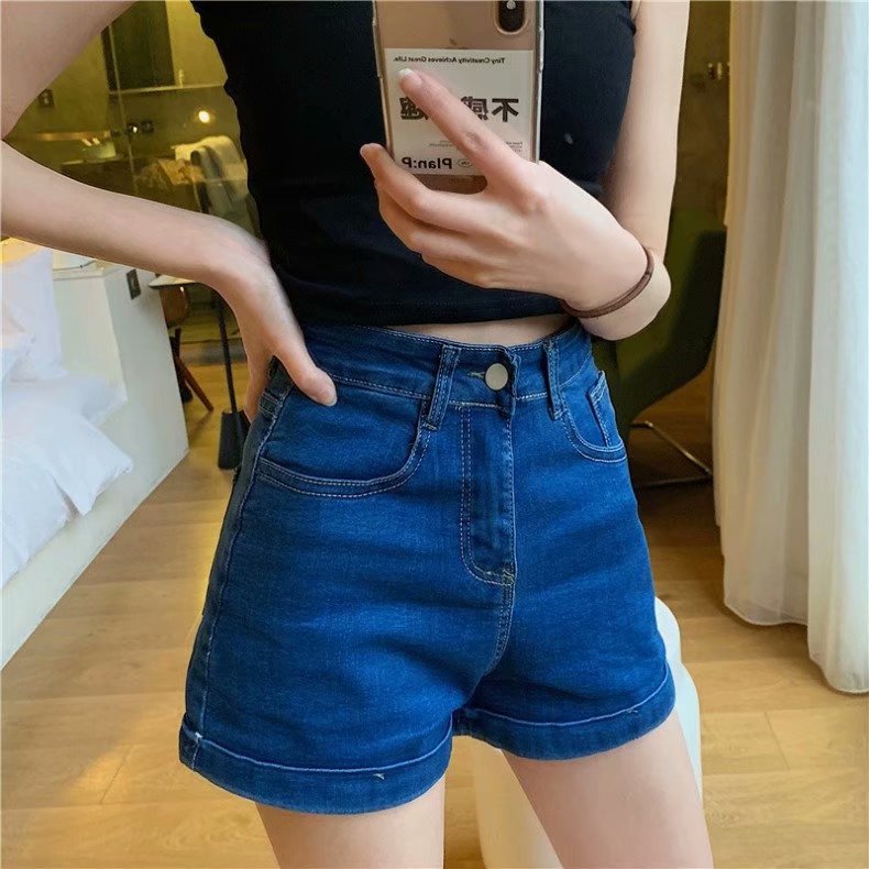 Internet Celebrity New Retro Stretch Curl Denim Shorts Women’s Summer High Waist Slim Look Tall Tight Hot Pants Trendy
