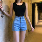Internet Celebrity New Retro Stretch Curl Denim Shorts Women’s Summer High Waist Slim Look Tall Tight Hot Pants Trendy
